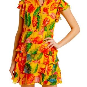 Yellow Beaks and Banana Ruffle Mini Dress - L - Viscose - NWT - $115